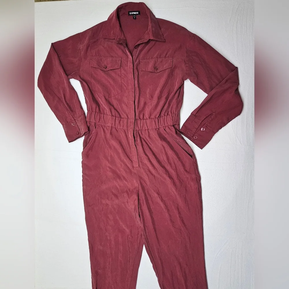 Express XS Jumpsuit Romper Long Sleeve Utility Style Reddish Brown